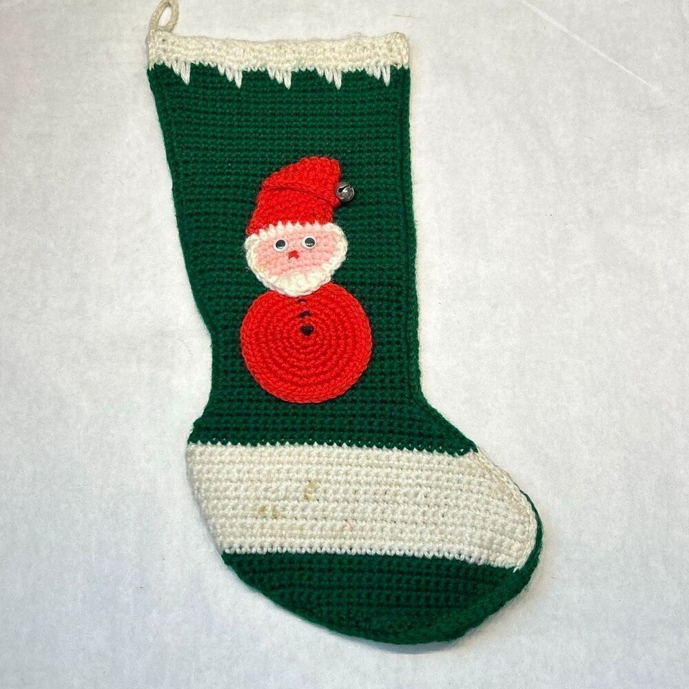 Vtg Handmade Crochet Christmas Stocking Green White Santa Claus Jingle Bell Holi